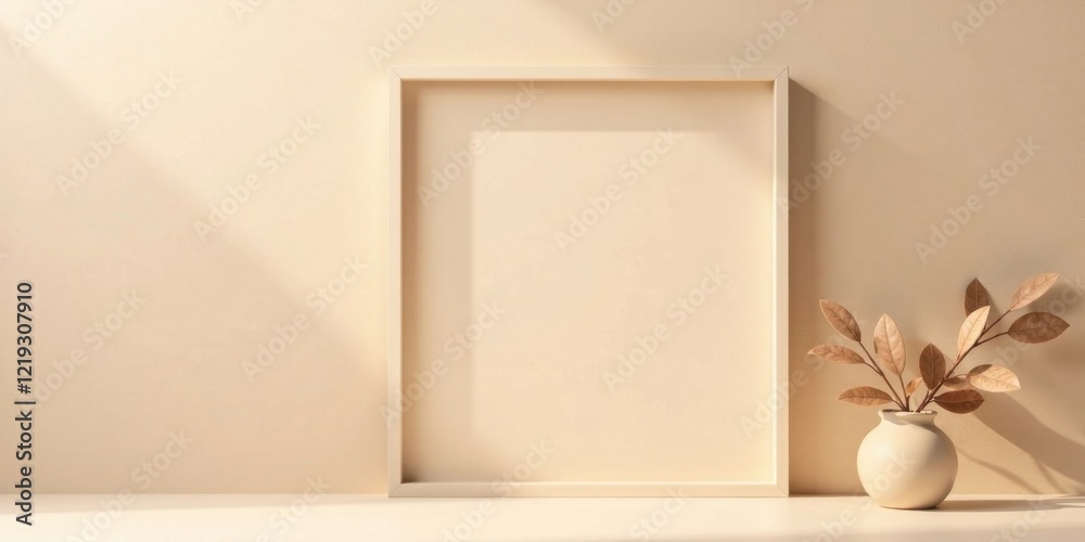 Poster a minimalist beige room setting features a blank frame and a vase with dried branches, bathed in sof