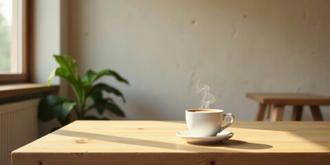 Aromatic coffee in a white cup, resting on a light wooden table bathed in sunlight, next to a leafy green plant, creating a tranquil and inviting atmosphere.