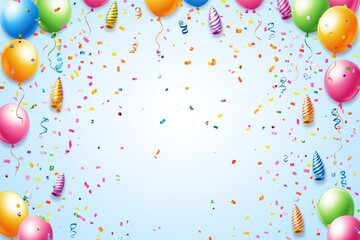 Festive balloons, confetti, and party hats on light blue background.