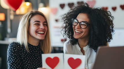 Two female coworkers exchanging festive cards in a workspace with Valentine accents