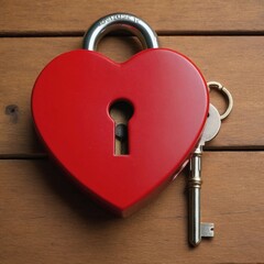 Heart-shaped padlock with a key rests on a wooden surface, symbolizing love and security. Generative AI
