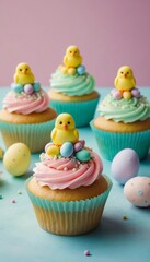 Delightful pastel cupcakes adorned with cheerful chick decorations for spring celebrations. Generative AI