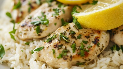 Close-up of rice with tangy lemon and herb chicken. Featuring zesty lemon and fresh herbs on tender chicken. Emphasizing a light, Mediterranean-inspired dish. Ideal for lemon recipes.