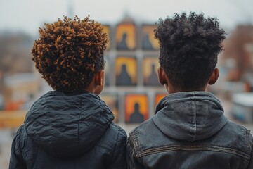 "Two Young African American Boys, Viewed from Behind, Gaze with Interest at Black History Pictures on Display in a Community Center During Black History Month Celebration"