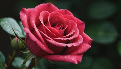 Vibrant red rose glistening with droplets in a lush green garden atmosphere. Generative AI