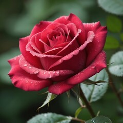 Red rose glistens in morning dew, capturing nature's beauty in a tranquil garden setting. Generative AI