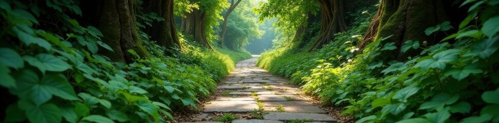 Obraz premium Ancient stone pathway disappearing into the underbrush, overgrown, decay, vines