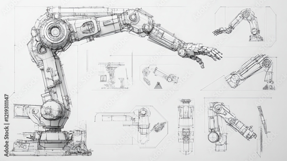 Poster wireframe model of a robotic arm in various stages of motion, engineering drawing, robotics design