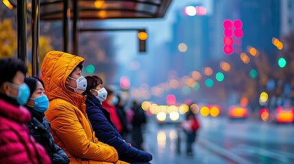 Obraz premium People wearing masks at a bus stop on a rainy evening in the city. PM2.5 concept