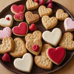Colorful heart-shaped cookies arranged on a platter with fresh strawberries in a warm setting. Generative AI