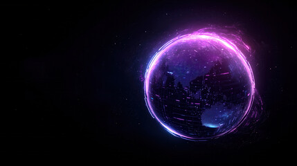 A glowing blue planet with a purple swirl around it. The planet is surrounded by a purple light that is scattered around it