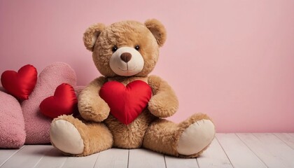 Cozy teddy bear holding a heart surrounded by soft pink cushions in a warm setting. Generative AI