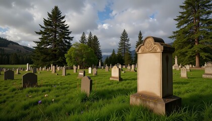 Gravestone with an inscription in a green cemetery surrounded by trees and gravestones