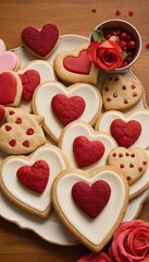Delightful heart-shaped cookies adorned with vibrant red icing and fresh roses at a festive gathering. Generative AI