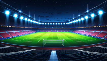 World Cup 2025, universal grass stadium illuminated by spotlights and empty green grass playground, grand sport building digital 3D background advertisement background illustration.