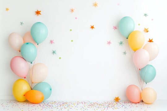 Colorful birthday party backdrop with pastel balloons, confetti. Simple design for cards invitations. Great party scene for photo props. Decorations include colorful balloons, confetti. Simple setup