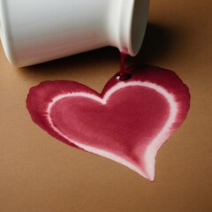 Spilled beverage forms heart shape on brown surface creating a romantic atmosphere. Generative AI
