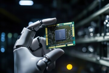 Robotic hand holding a computer processor in a technology workshop showcasing modern electronics manufacturing