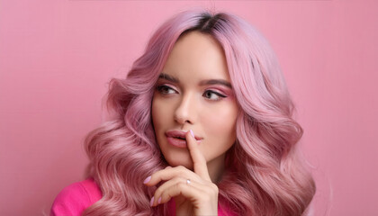 Fototapeta premium Elegant woman with voluminous pink hair on pink background