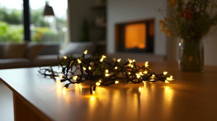 Warm fairy lights on wooden table, cozy living room background.