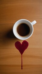 Coffee cup with heart shape created from spilled liquid on wooden table. Generative AI