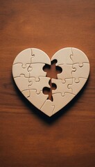 Heart-shaped puzzle pieces resting on a wooden surface waiting to be completed with missing piece. Generative AI