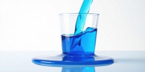 Azure Liquid Pouring into a Glass, Creating a Vibrant Spillage on a Reflective Surface