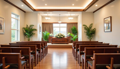 Interior view of a funeral home with a casket and floral arrangements, surrounded by chairs