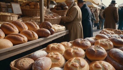Freshly baked bread dazzles at bustling market in autumn sunlight. Generative AI