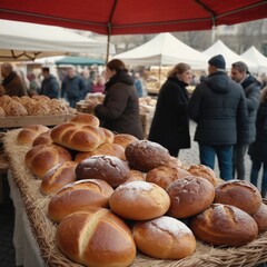 Freshly baked bread draws crowds at bustling outdoor market in the heart of autumn. Generative AI