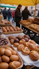 Delightful bakery offerings at a bustling market in a charming European town. Generative AI