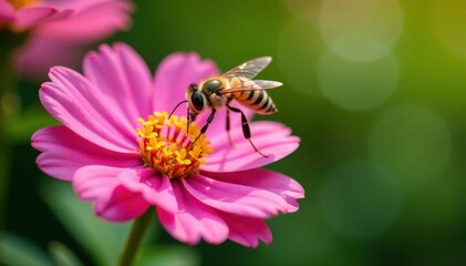 Hovering Episyrphus balteatus over a bright flower, photography, nectar, insect