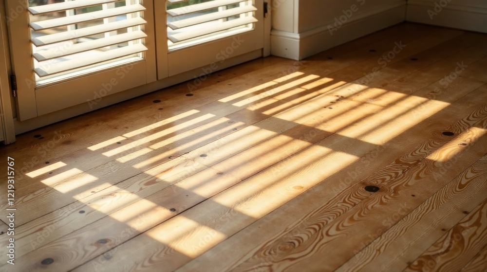 Poster sunlight illuminates polished wooden floor through window shutters casting striking linear shadows