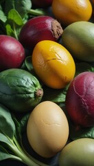 Vibrant display of naturally colored eggs nestled among fresh greens at a local market. Generative AI