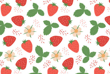 Seamless pattern with strawberries. Color vector background with berries, leaves and strawberry flowers. Suitable for printing on fabric, paper, gift wrapping, postcards.