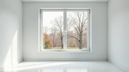 Fototapeta premium Serene Empty Room with Large Window Offering a View of a Tranquil Wooded Landscape
