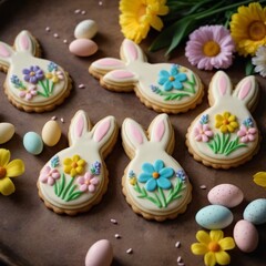 Delightful springtime cookies featuring bunnies decorated with colorful flowers on a rustic tray. Generative AI