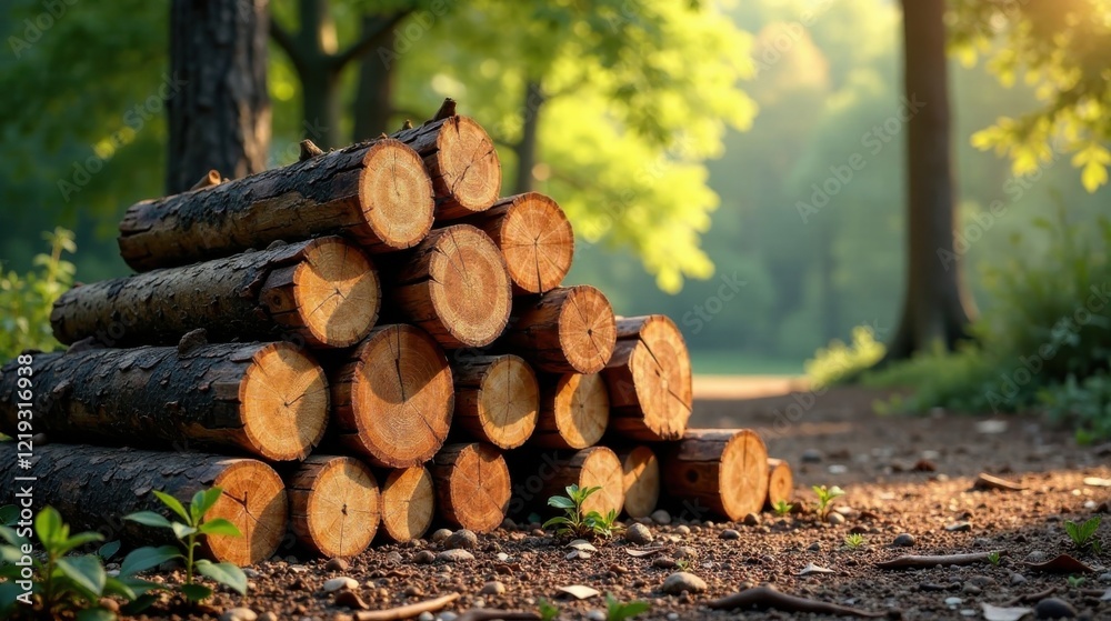 Poster neatly stacked logs in a sun-dappled forest setting