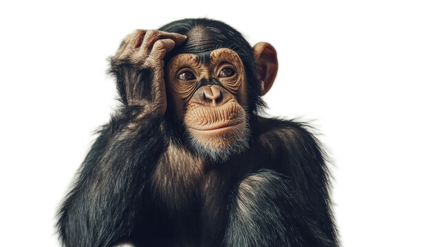 Thoughtful Chimpanzee Exhibiting Curiosity and Introspection While Scratching Head Against Transparent Background in Natural Posing Style