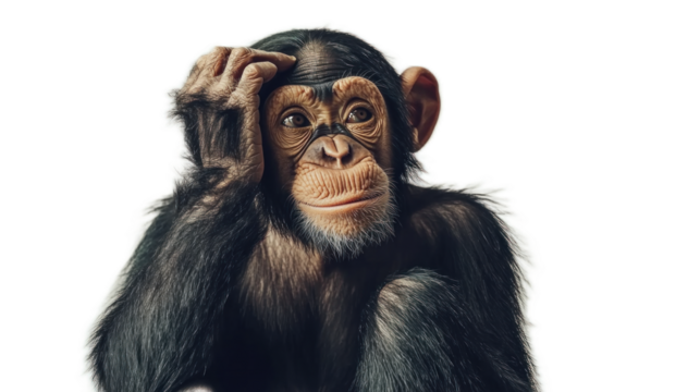 Thoughtful Chimpanzee Exhibiting Curiosity and Introspection While Scratching Head Against Transparent Background in Natural Posing Style