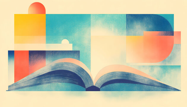 Open book, abstract shapes background, knowledge concept, education illustration
