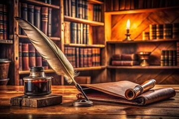Retro Vintage Desk Setup: Quill Pen, Inkwell, Papers & Books – Stock Photo