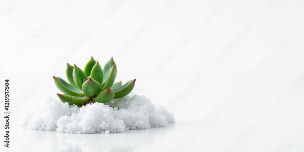 Poster a vivid green succulent nestled in a mound of sparkling white crystals on a pristine white surface