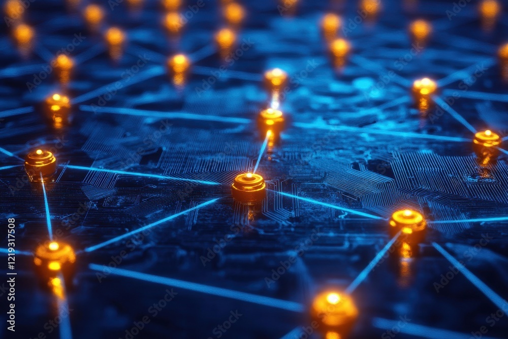 Poster glowing blue circuit board with glowing nodes and connections . an abstract visualization of blockch