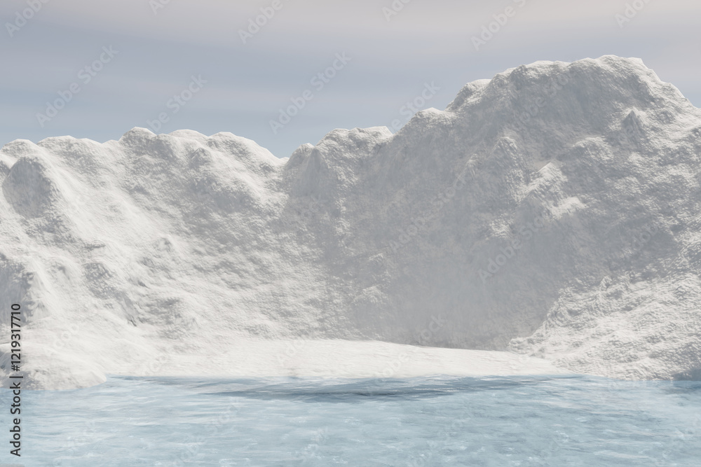 Wall mural 3d render platform background and empty round stage, ice podium on the frozen lake with ice snow mou