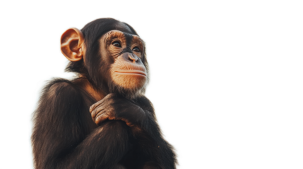 Thoughtful chimpanzee gazing into the distance with hands crossed, showcasing curious expression and intelligent gaze, perfect for wildlife and nature concepts.