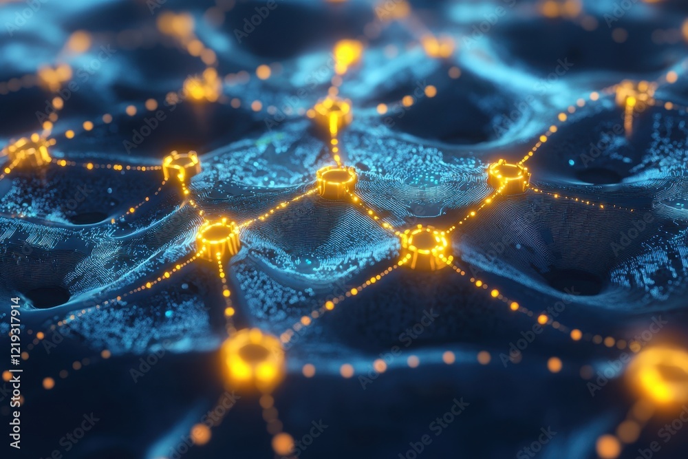 Poster glowing blue circuit board with glowing nodes and connections . an abstract visualization of blockch