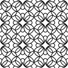 Symmetrical black line art creates a seamless floral and geometric pattern on a white background. Ideal for coloring books, artistic designs, or backgrounds.