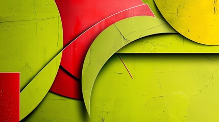 Bold retro background, grainy lime green and red textures, exaggerated geometric shapes layered with playful vintage effects