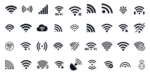 Naklejka premium Wifi icon set, Containing online, signal, wireless, internet, computer, connect, hotspot, offline, wifi router and more. Vector solid icons collection, communication icon set, telecom icon set